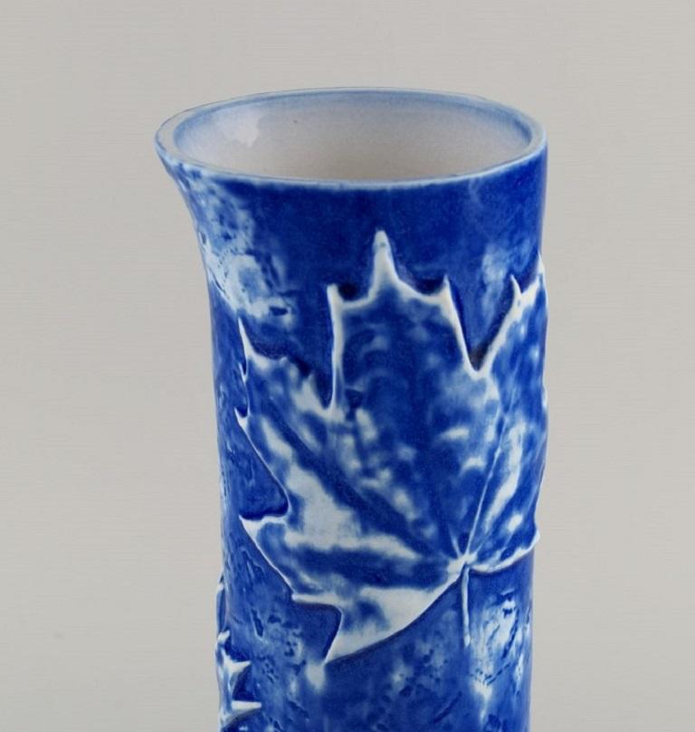 European Studio Ceramicist, Cylindrical Vase in Glazed Ceramic with Maple Leaves In Excellent Condition For Sale In Copenhagen, DK