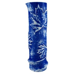 Vintage European Studio Ceramicist, Cylindrical Vase in Glazed Ceramic with Maple Leaves