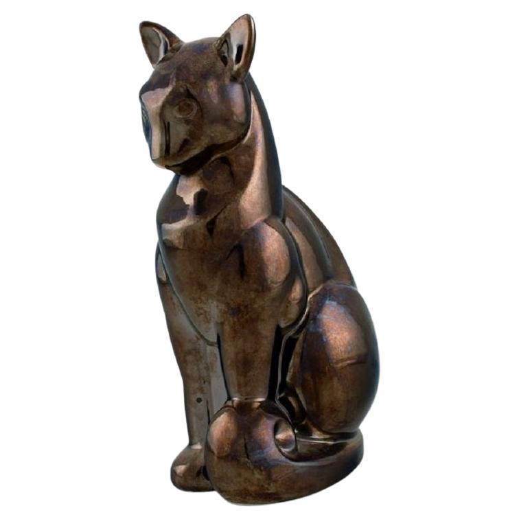 European Studio Ceramicist, Large Cat in Glazed Ceramics, Late 20th C.