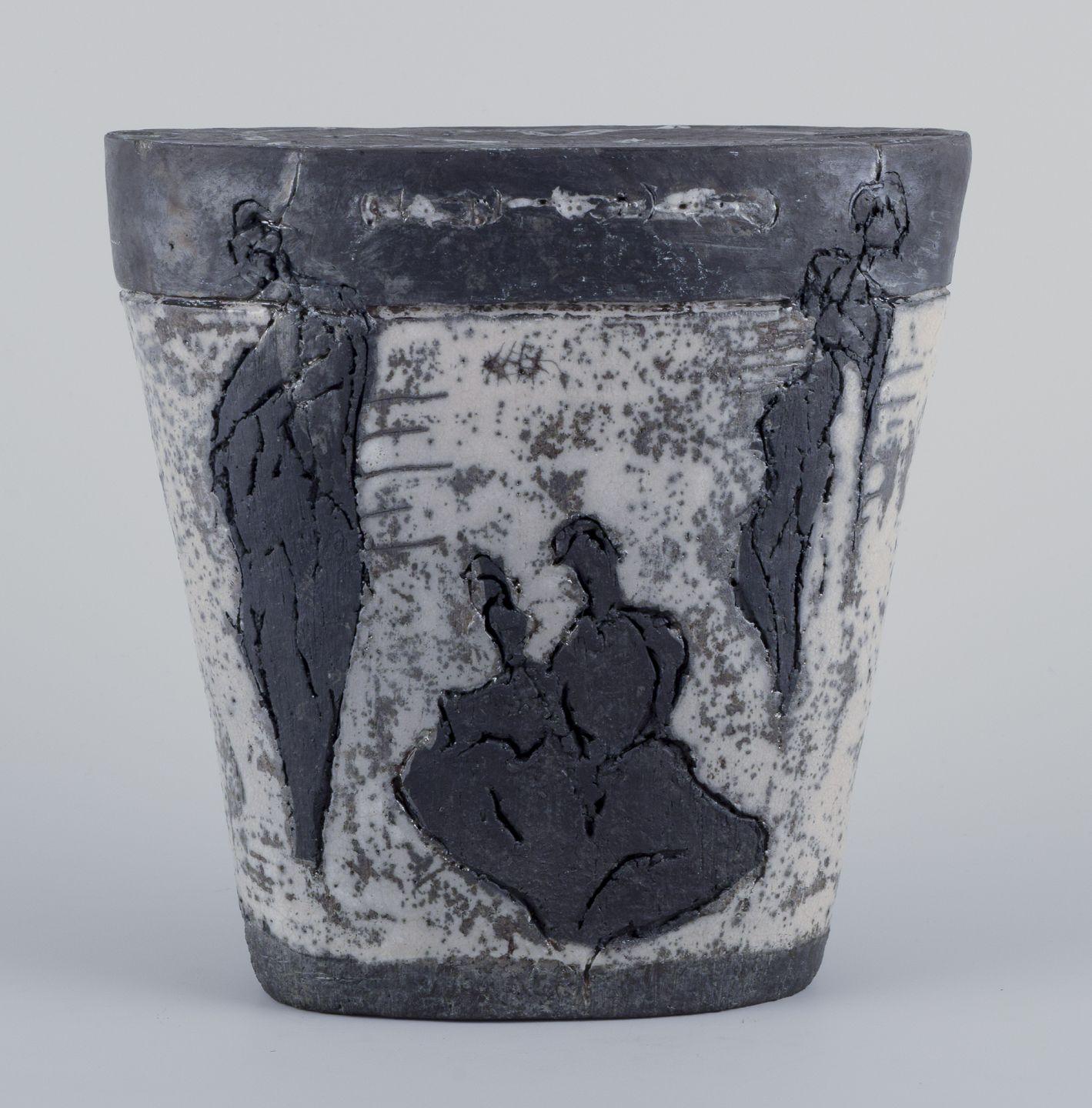 Unknown European studio ceramicist. Large ceramic sculpture with figurative frieze. For Sale