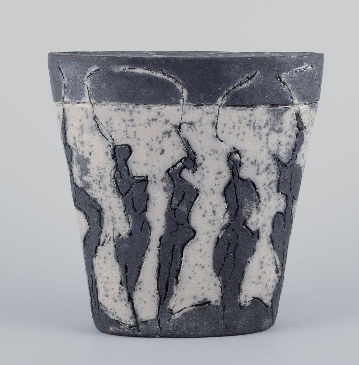 Glazed European studio ceramicist. Large ceramic sculpture with figurative frieze. For Sale