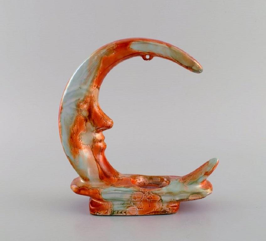 European studio ceramicist. Tealight candle holder shaped like the moon in glazed ceramics. 
Beautiful marbled glaze in orange and mother of pearl shades. Late 20th century.
Measures: 18.5 x 17 cm.
In excellent condition.