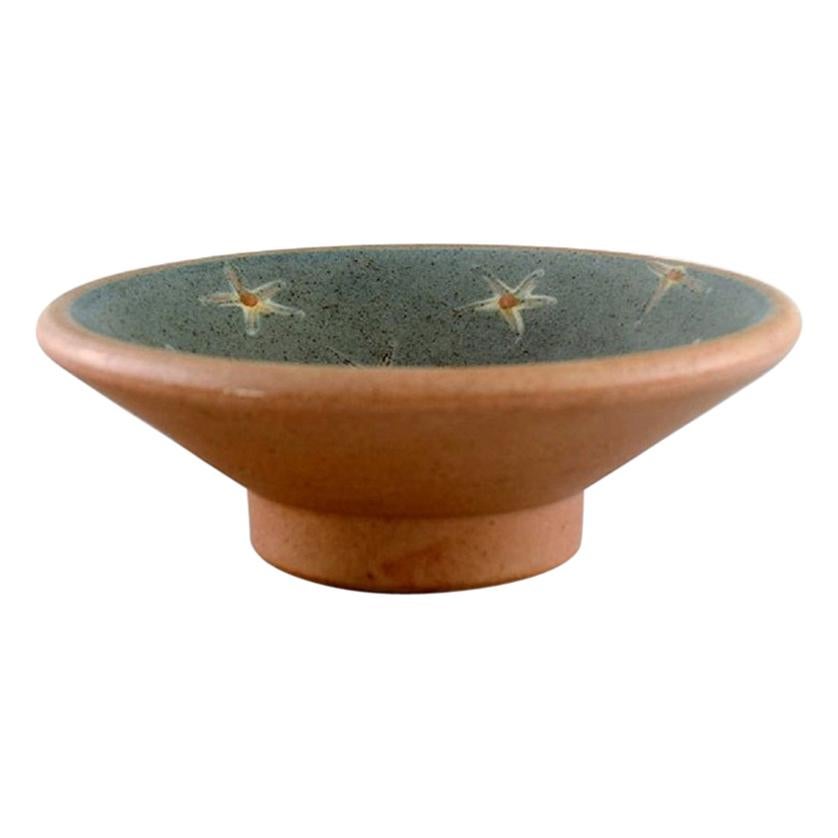 European Studio Ceramicist, Unique Bowl on Foot in Hand-Painted Glazed Stoneware For Sale