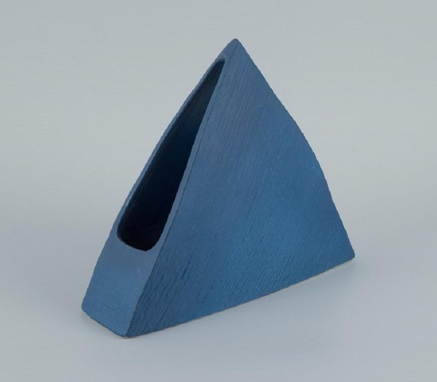 Unknown European Studio Ceramicist, Unique Triangular Vase in Blue Glaze, Late 1900s For Sale