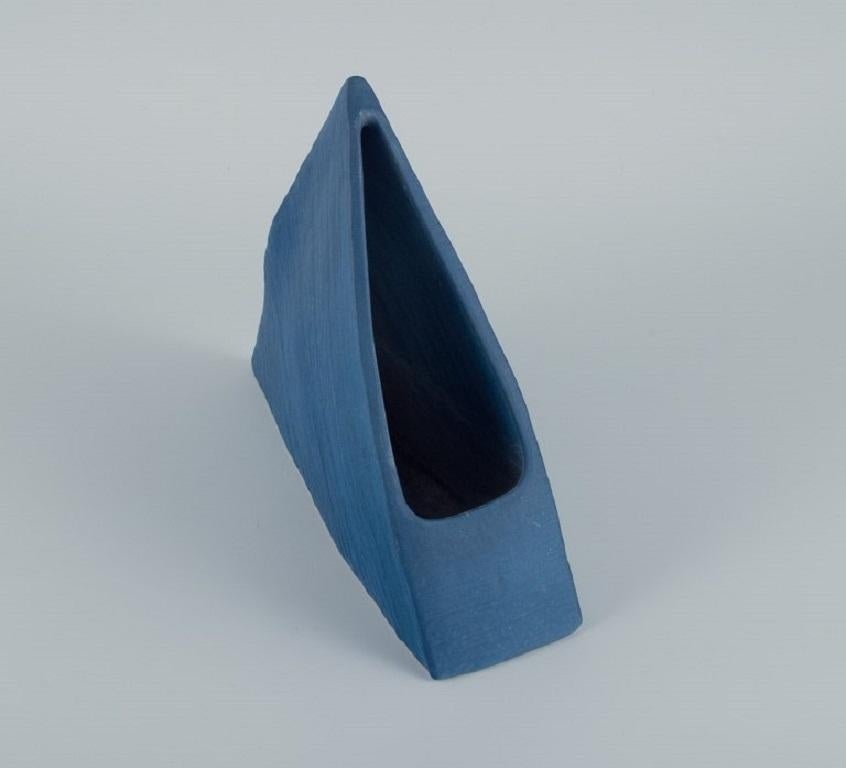 European Studio Ceramicist, Unique Triangular Vase in Blue Glaze, Late 1900s In Excellent Condition For Sale In Copenhagen, DK