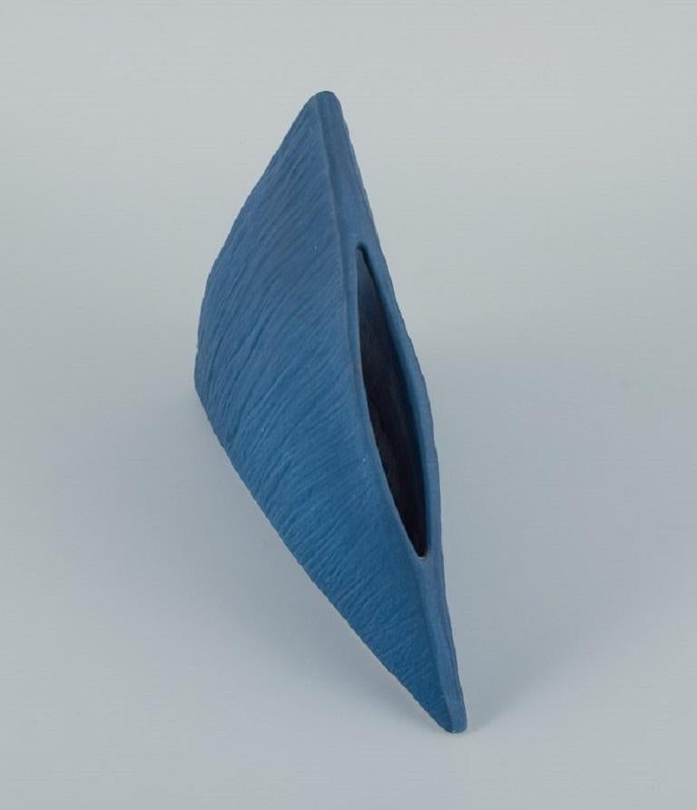 20th Century European Studio Ceramicist, Unique Triangular Vase in Blue Glaze, Late 1900s For Sale