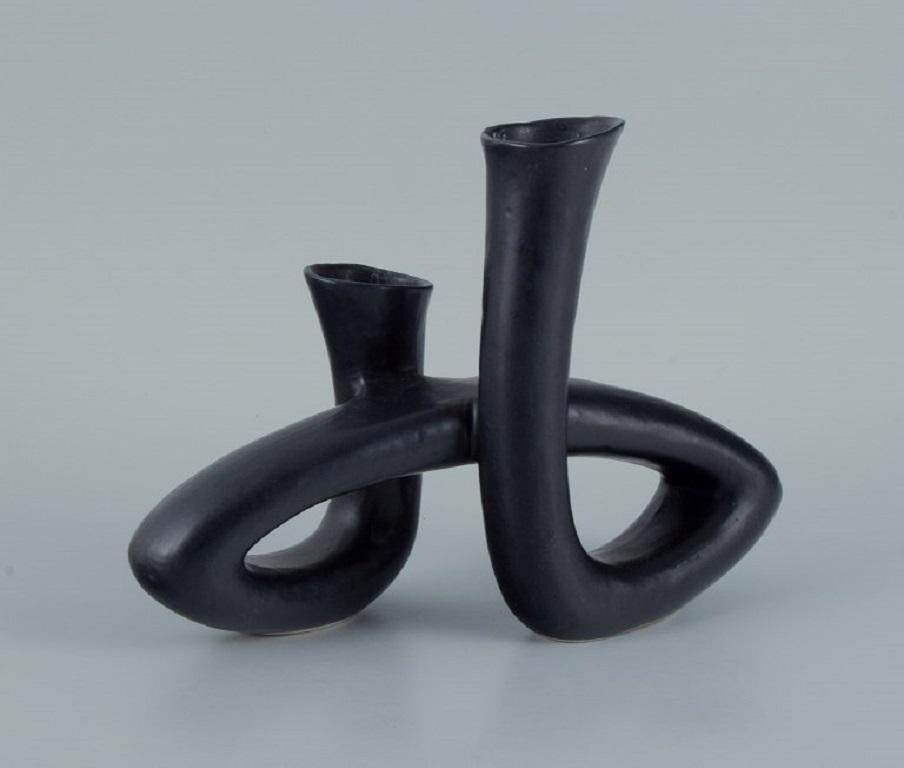 Unknown European Studio Ceramicist, Unique Twisted Vase in Black Glaze, Late 1900s For Sale