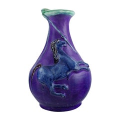 European Studio Ceramicist, Unique Vase in Glazed Ceramics, Lion and Unicorn