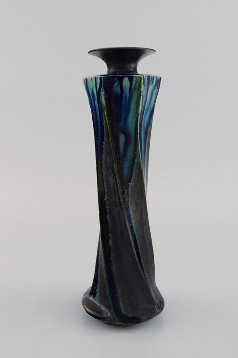 Art Deco European Studio Ceramicist, Unique Vase in Glazed Stoneware, Turned Shape For Sale