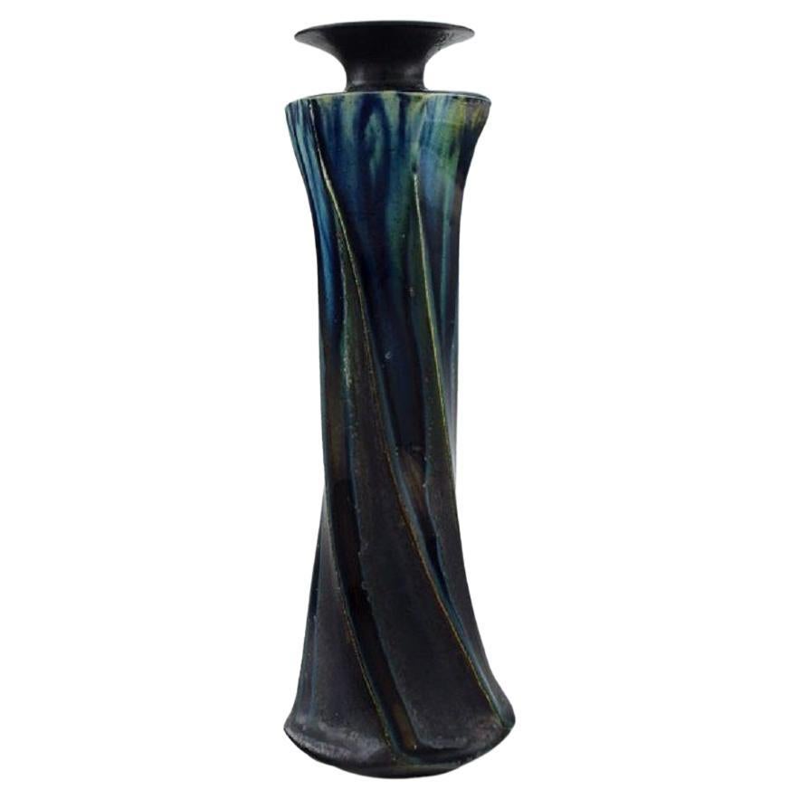 European Studio Ceramicist, Unique Vase in Glazed Stoneware, Turned Shape For Sale