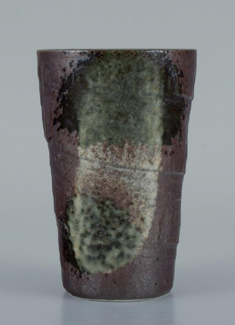 Unknown European Studio Ceramicist. Unique Vase in Green, White and Black Glaze For Sale