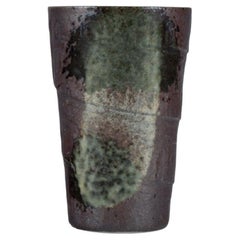 Retro European Studio Ceramicist. Unique Vase in Green, White and Black Glaze