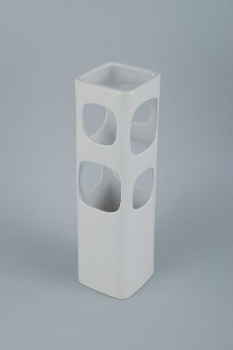 Glazed European Studio Ceramicist, Unique Vase with Holes in White Glaze For Sale