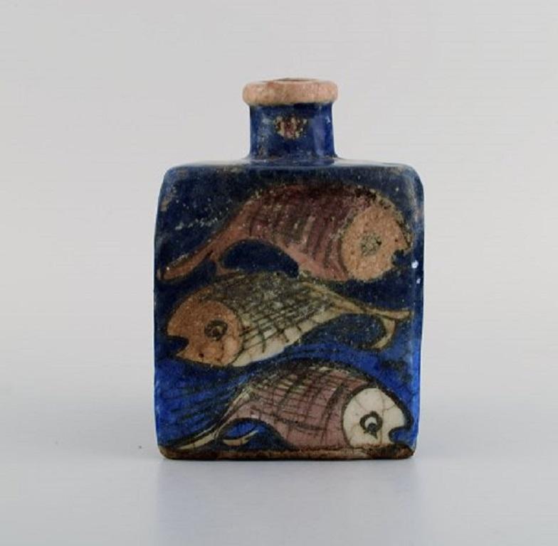 Mid-Century Modern European Studio Ceramist, Triangular Vase in Hand Painted Glazed Ceramics