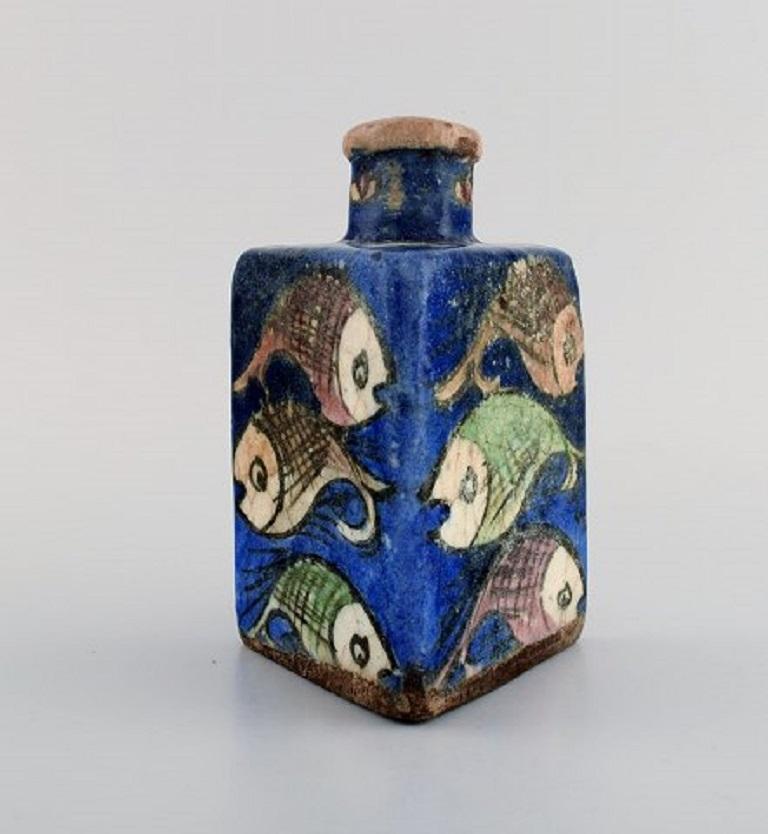 Unknown European Studio Ceramist, Triangular Vase in Hand Painted Glazed Ceramics