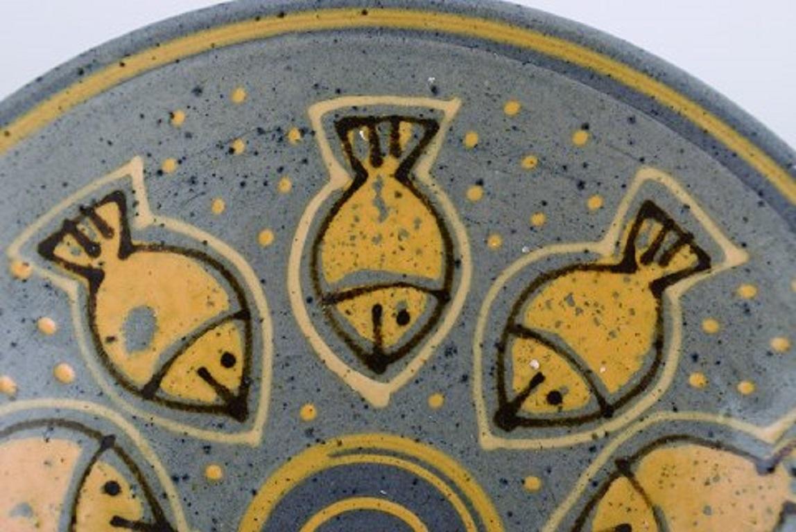 Unknown European Studio Ceramist, Unique Bowl in Glazed Ceramics Decorated with Fishes