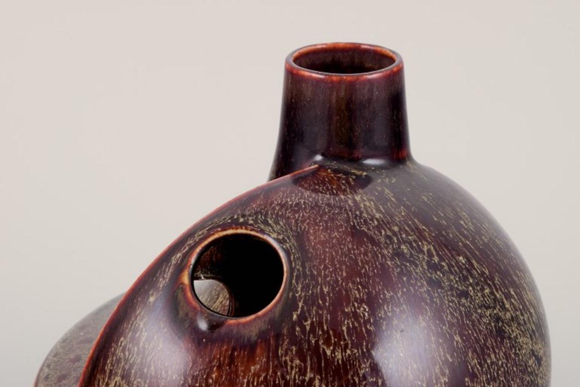Ceramic European studio ceramist. Unique ceramic vase with speckled glaze in brown tones For Sale