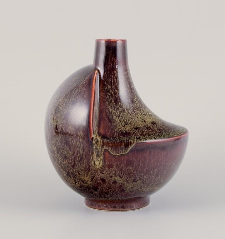 European studio ceramist. Unique ceramic vase with speckled glaze in brown tones For Sale 1