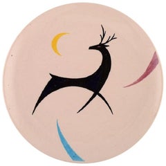 Vintage European Studio Ceramist, Unique Dish in Glazed Ceramics with Deer, 1980s