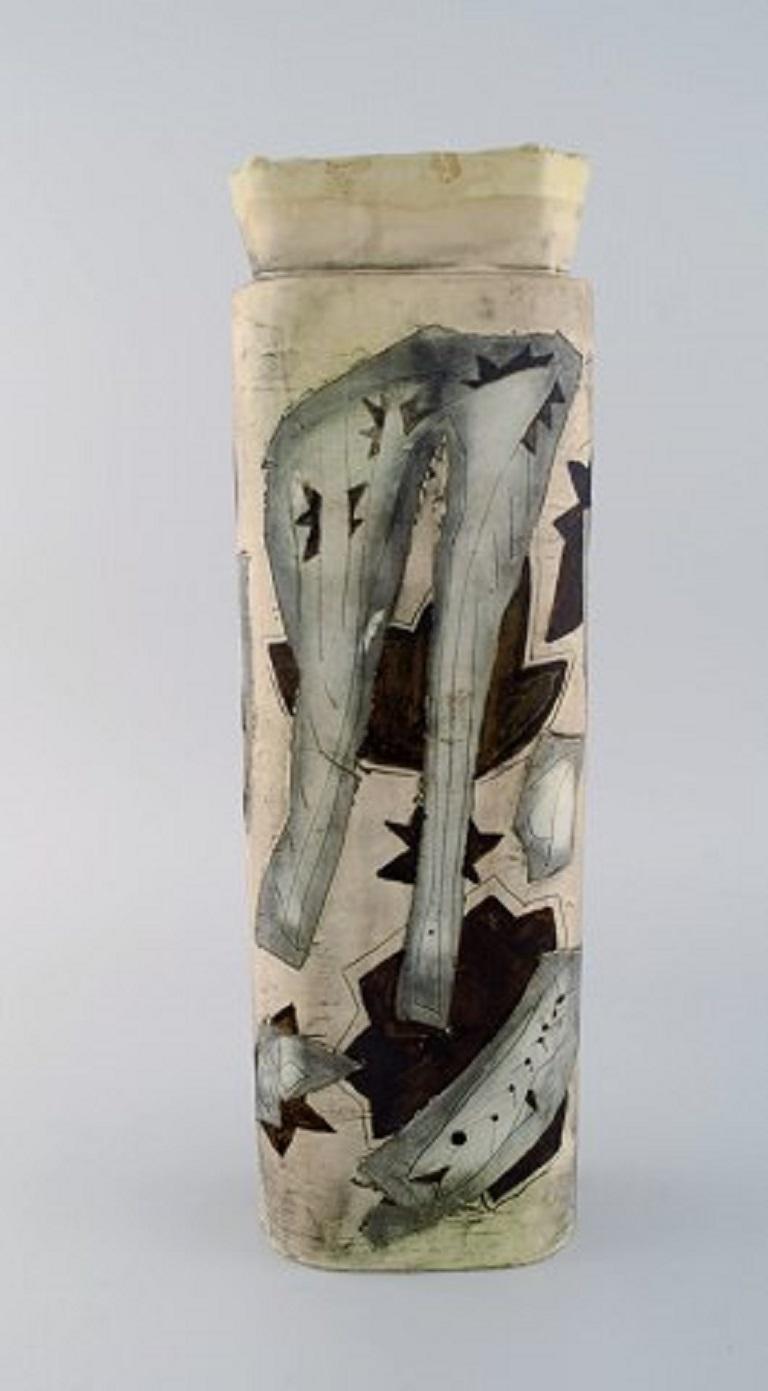 Hand-Painted European Studio Ceramist, Unique Vase with Hand Painted Abstract Motifs For Sale