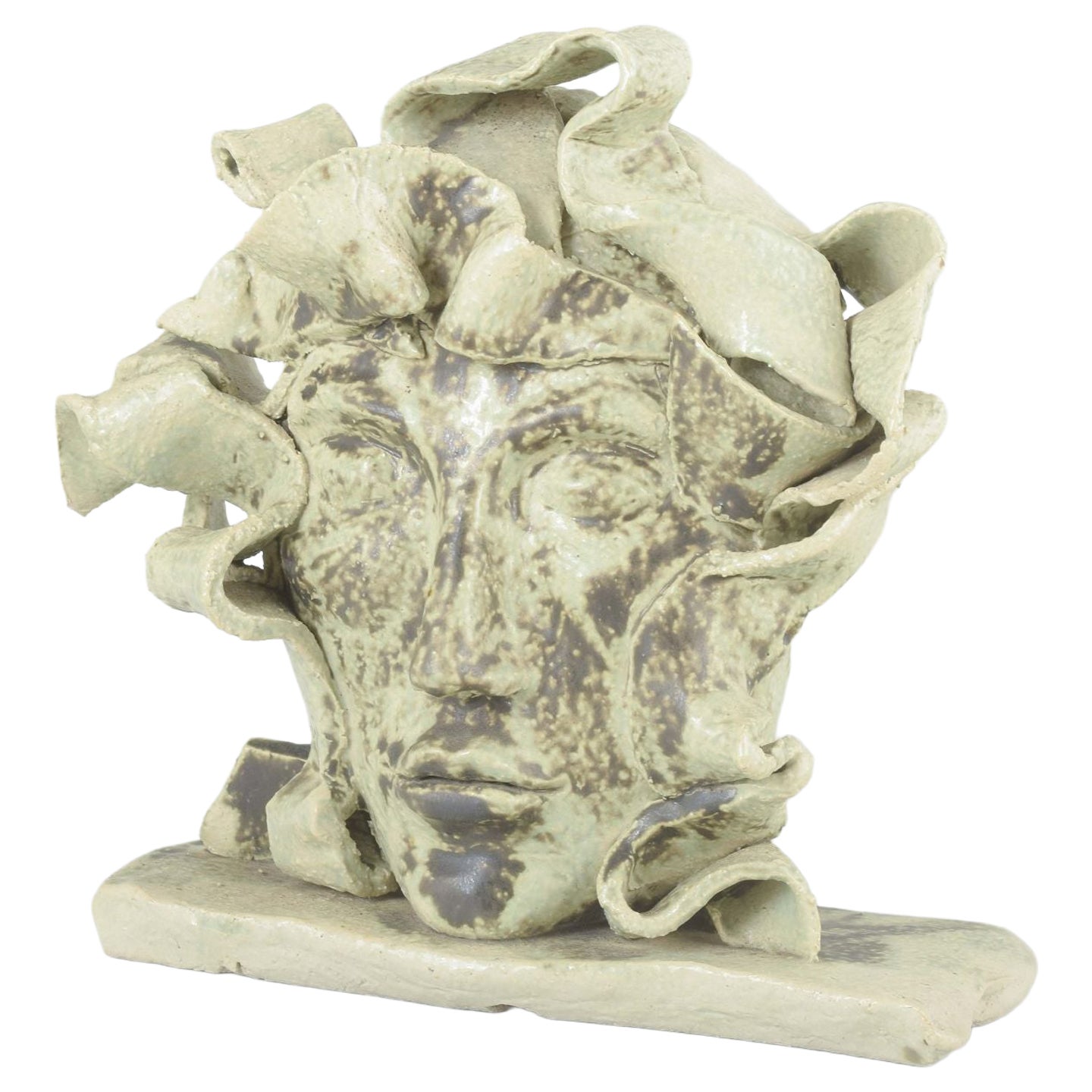 European studio potter. Stoneware head sculpture with light and brown glaze. For Sale