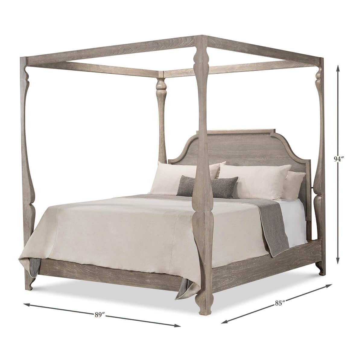 A European-style canopy bed with a grey moonstone finish. This bed features beautifully carved posts crafted from beechwood and accented with iron and brass. 

Dimensions: 89