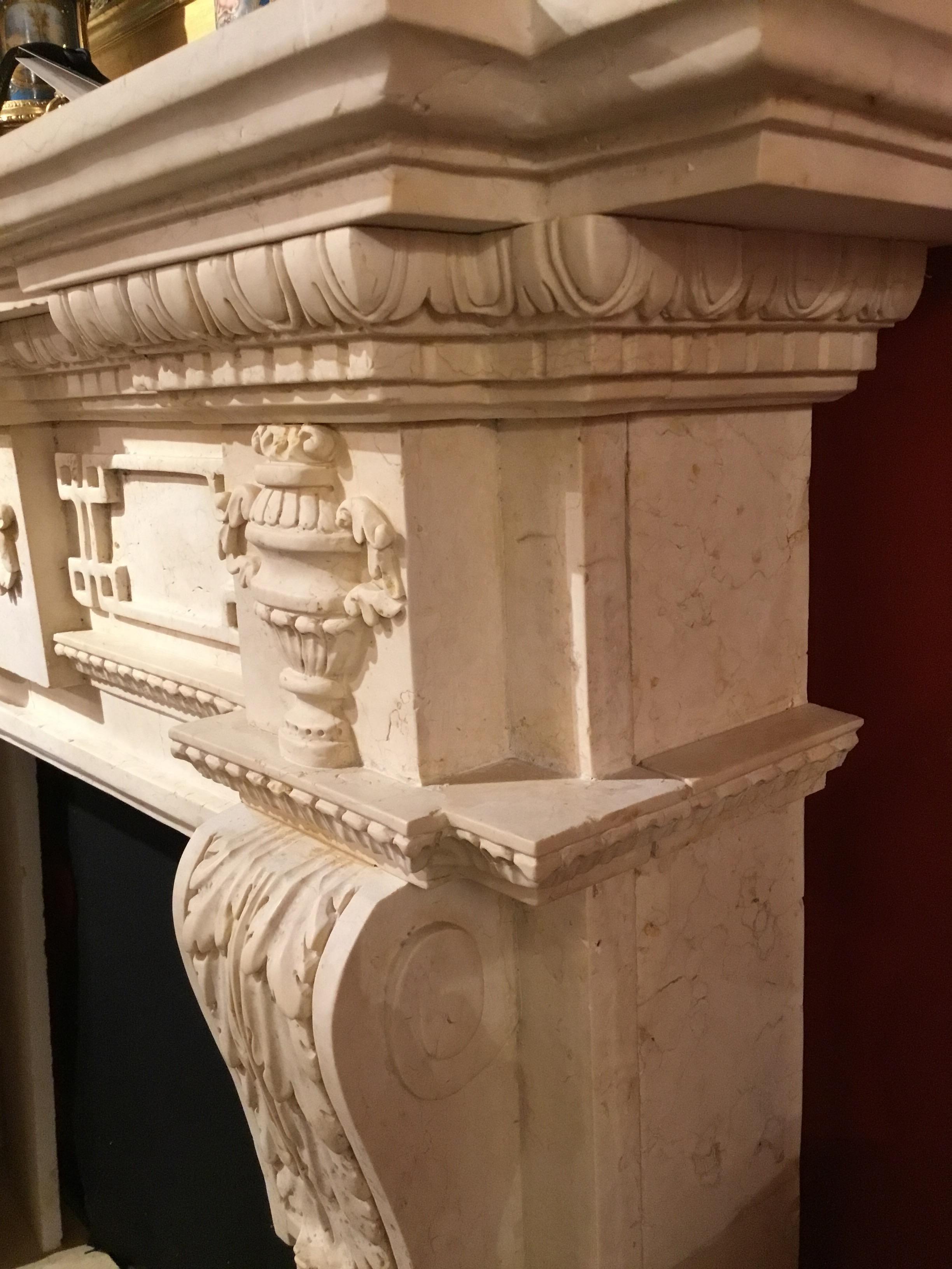 Hand-Carved European-Style Cream Marble Hand Carved Mantel For Sale