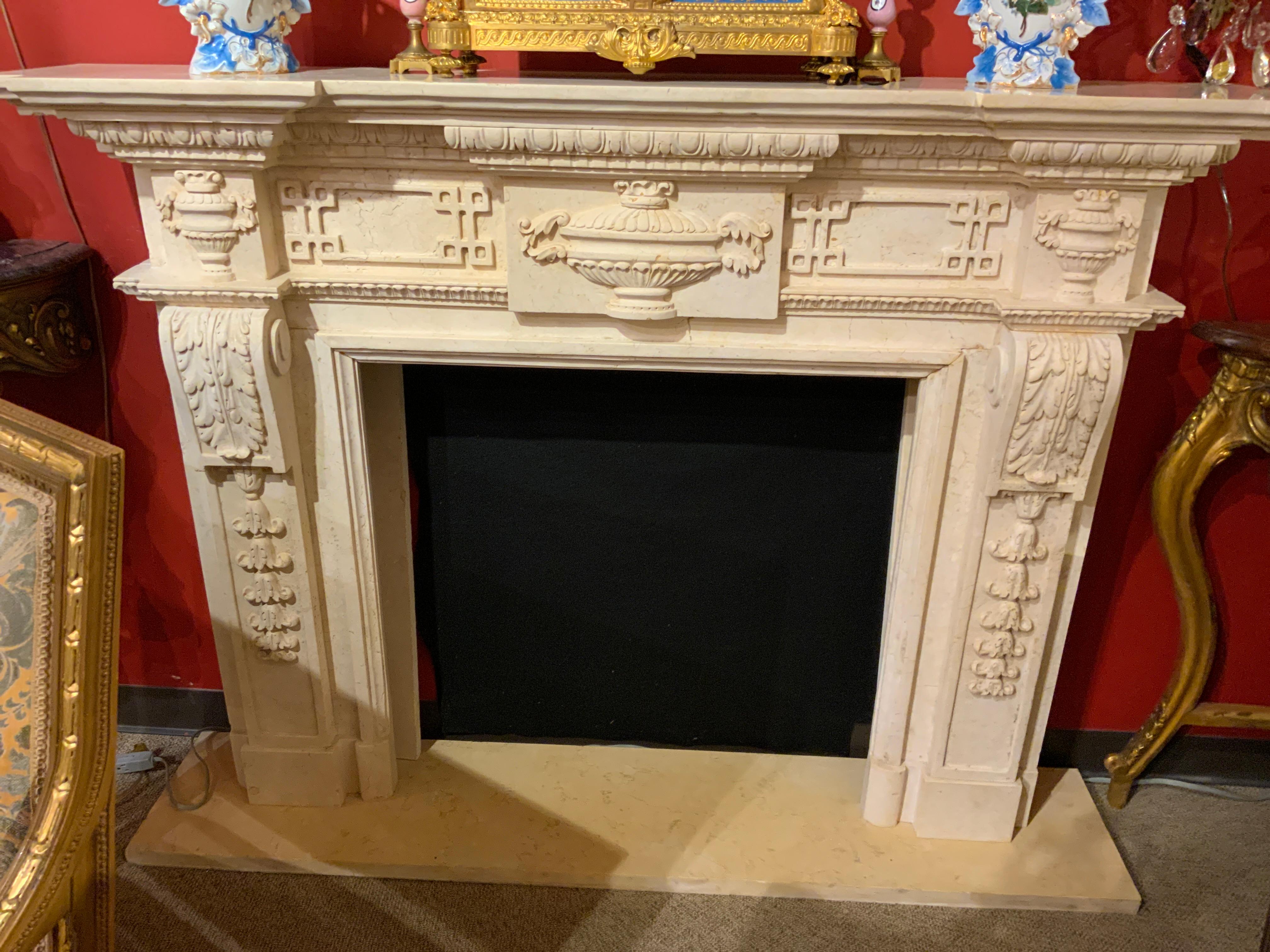 European-Style Cream Marble Hand Carved Mantel In Excellent Condition For Sale In Houston, TX