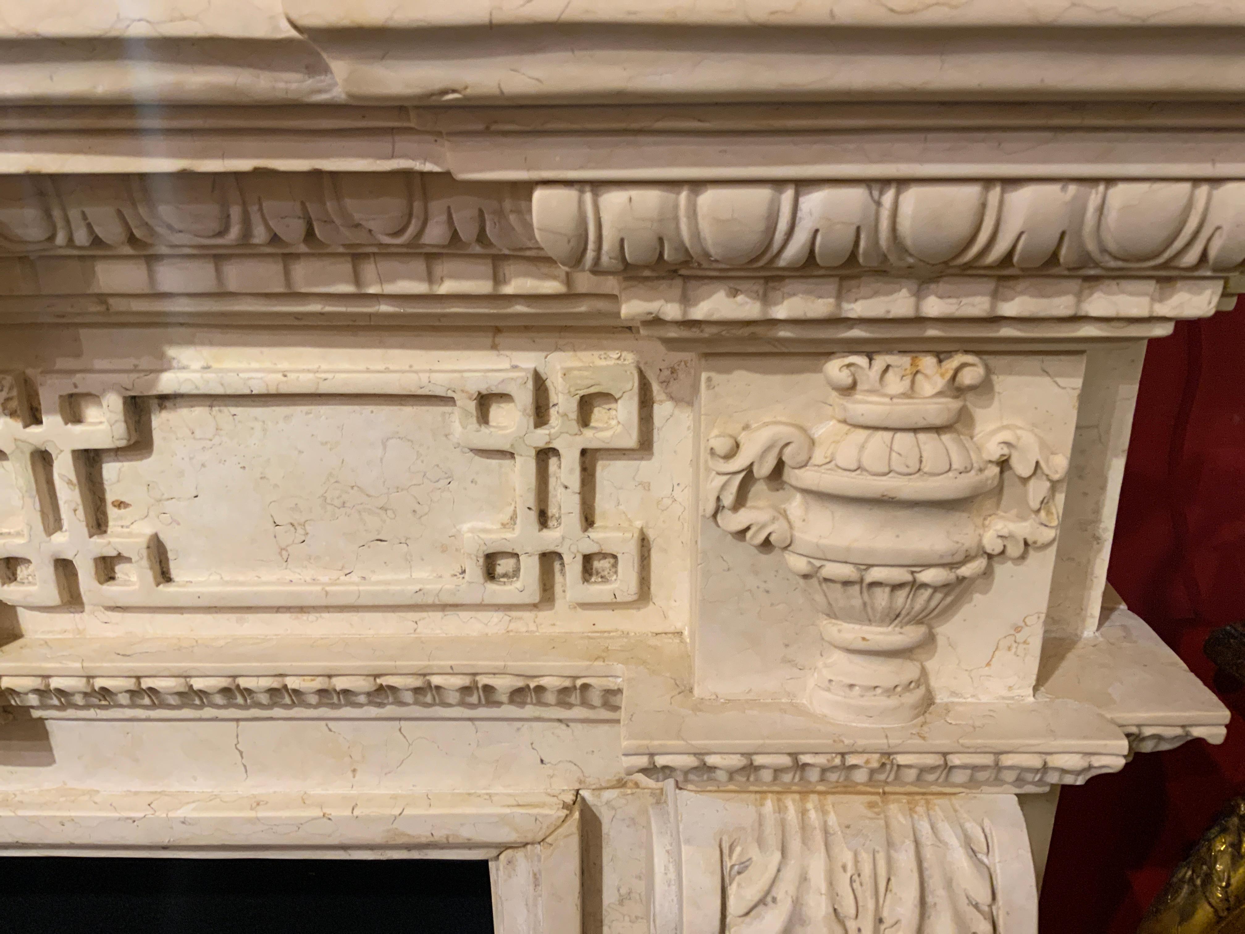 Contemporary European-Style Cream Marble Hand Carved Mantel For Sale