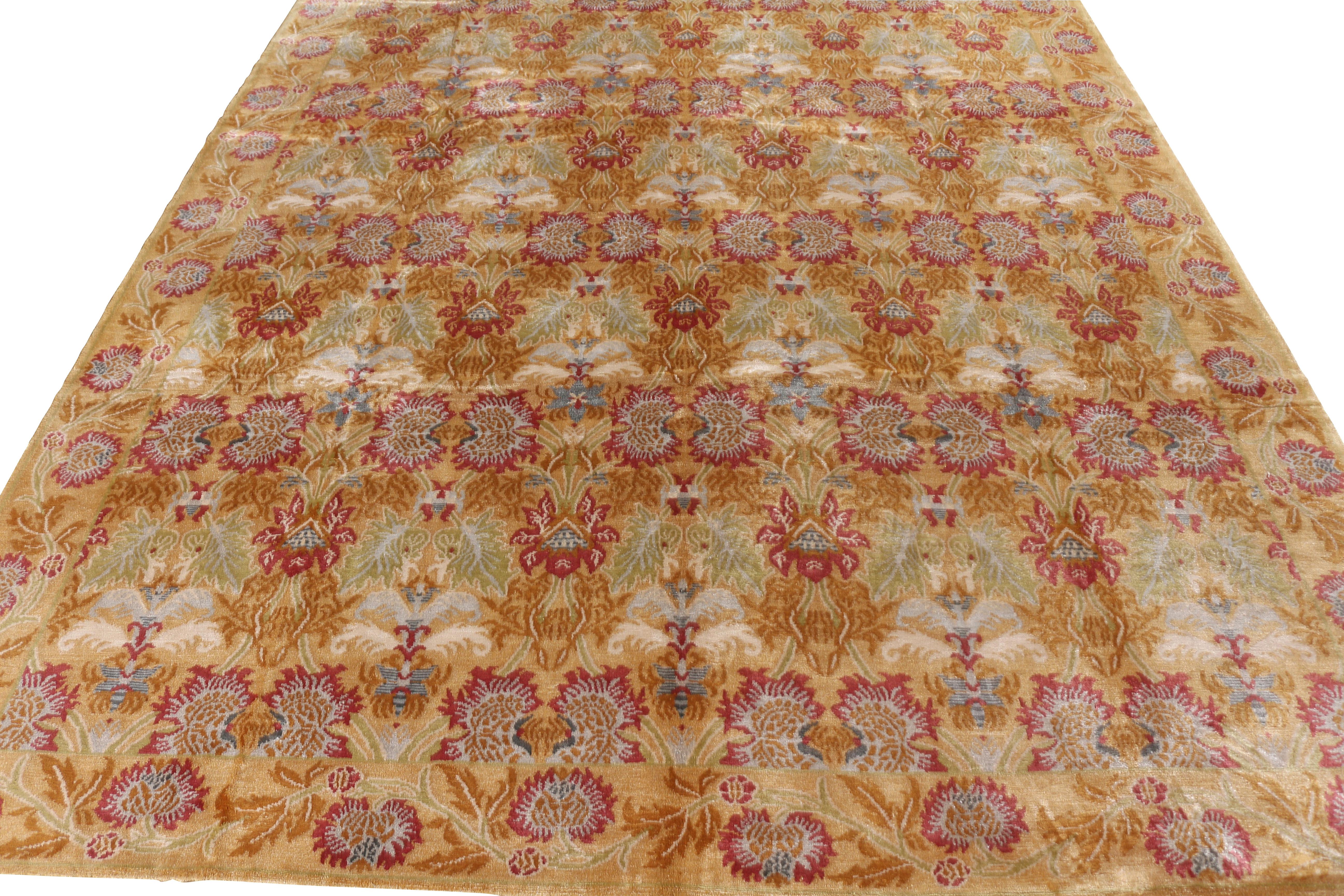 Hand knotted in lustrous silk, this floral rug marks an addition to the European Collection by Rug & Kilim, a design of Spanish rug influence affectionately dubbed “Toledo” per the inspiration. The play of the regal gold and red hues with the more