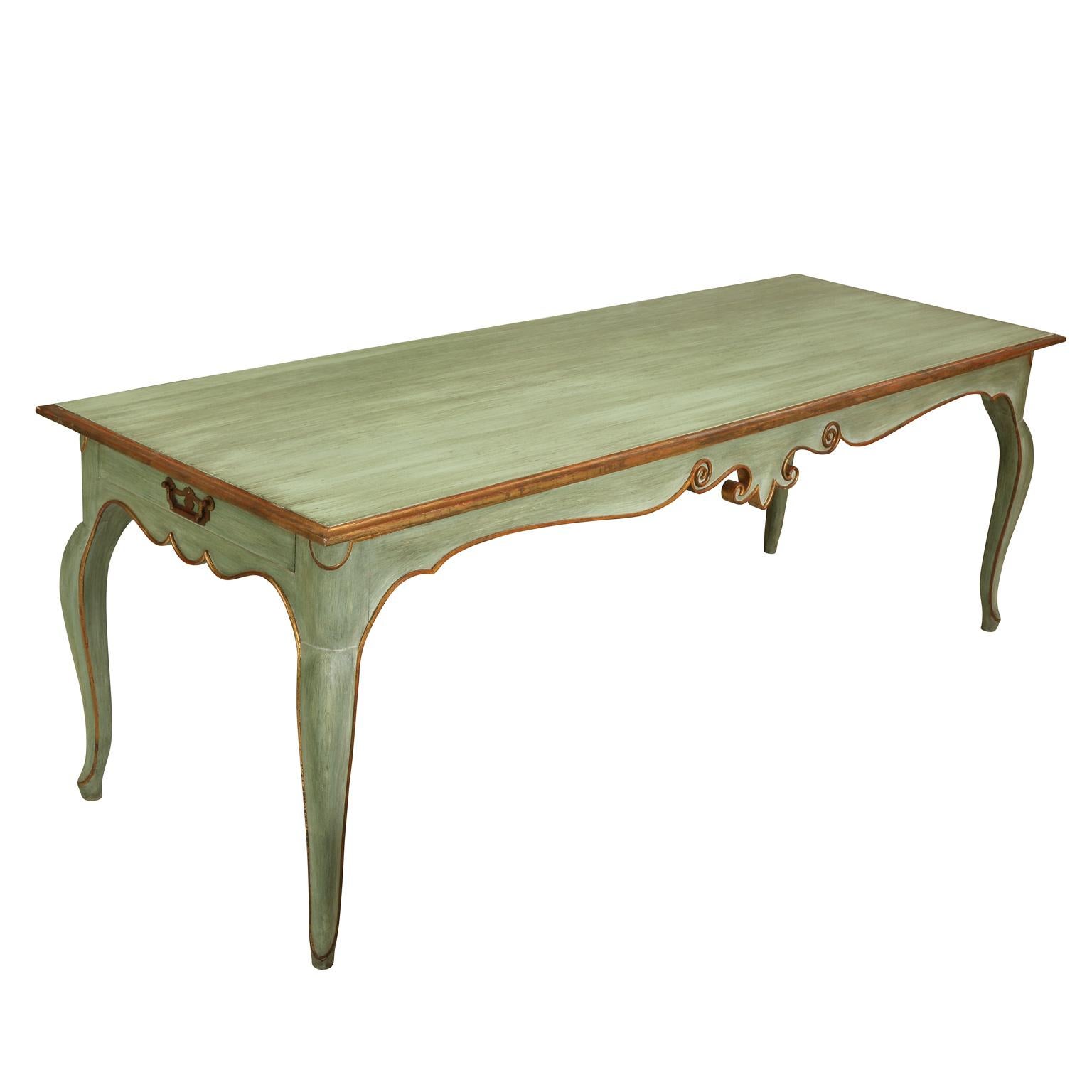 A super chic European style dining/console table with gilt painted trim and details and Cabriole legs. Whether it's a console table or a dinging table, this multifunctional table is a great addition to your home.