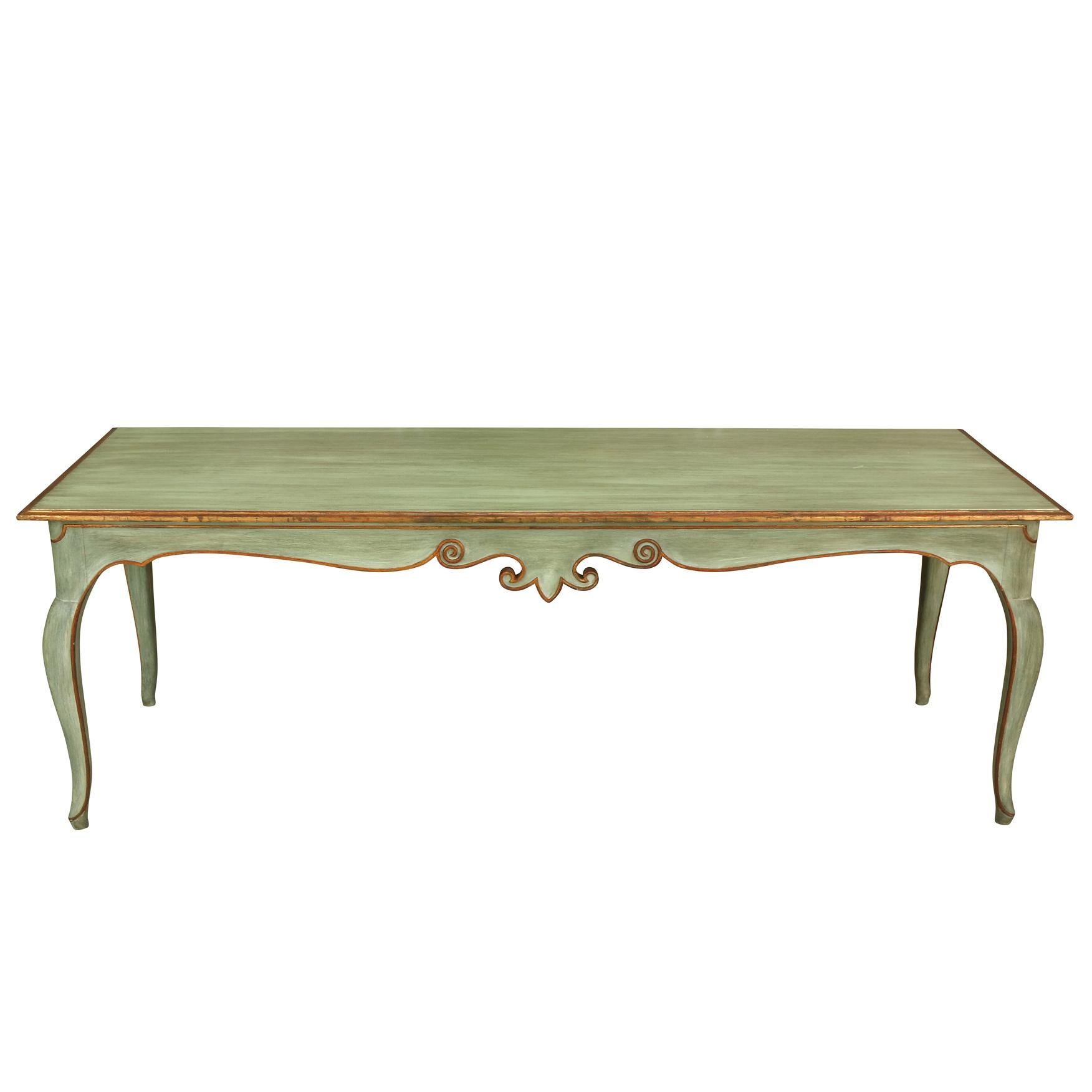 Regency European Style Green and Gilt Painted Console/Dining Table With Cabriole Legs For Sale