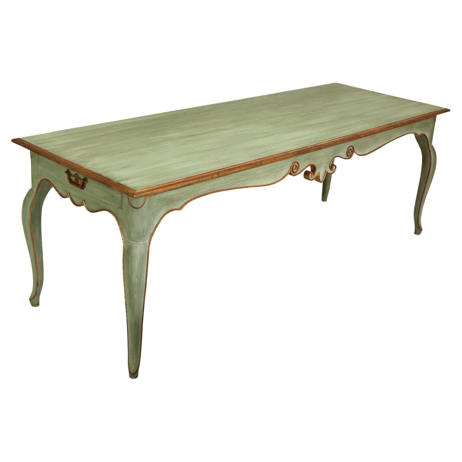 European Style Green and Gilt Painted Console/Dining Table With Cabriole Legs For Sale