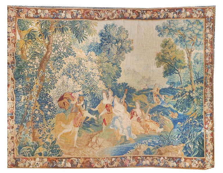 French Provincial European Tapestry from 17th Century, France Verdure Love Scene by the River For Sale