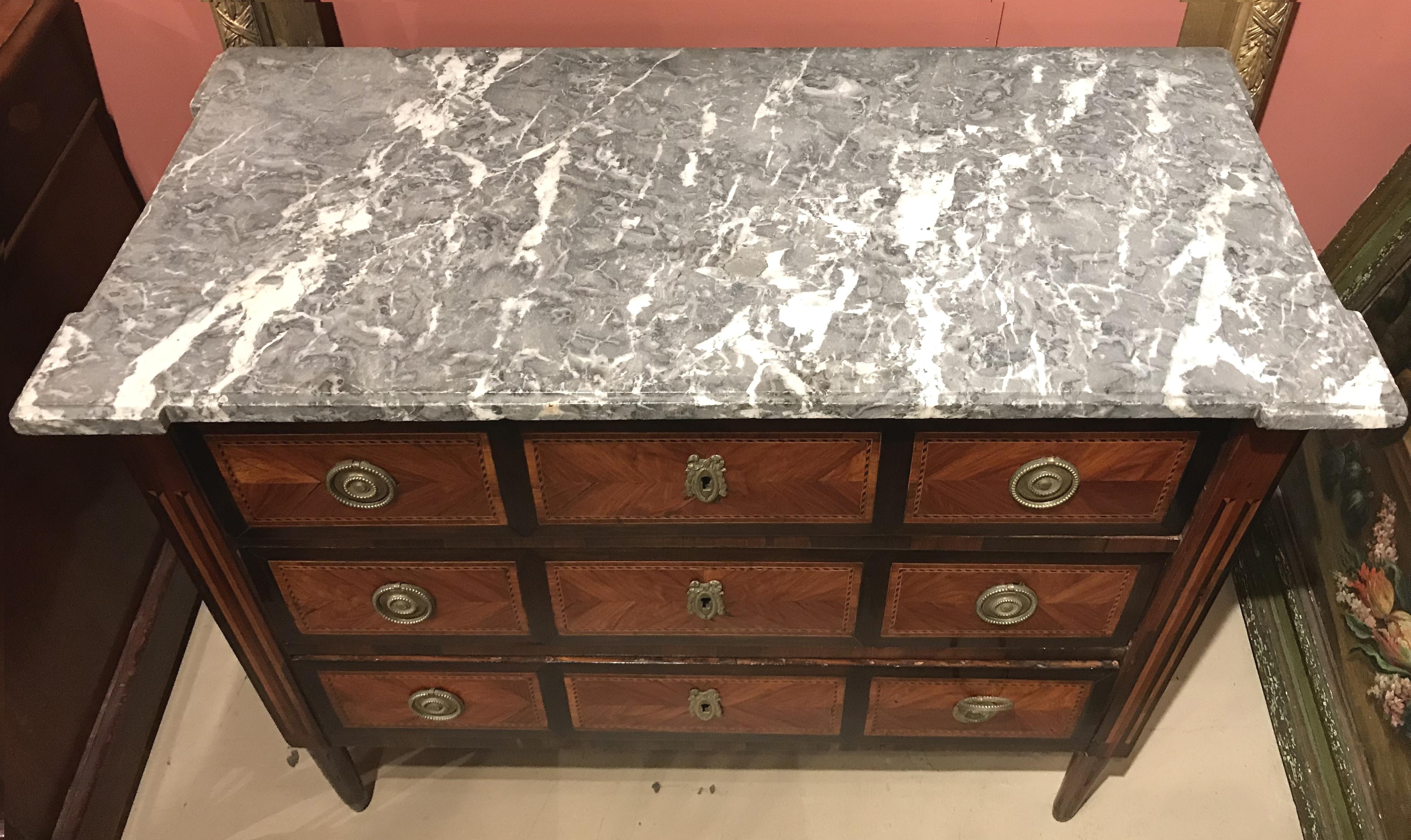 Hand-Carved European Three-Drawer Marble Top Chest with Veneered Panels, circa 1790