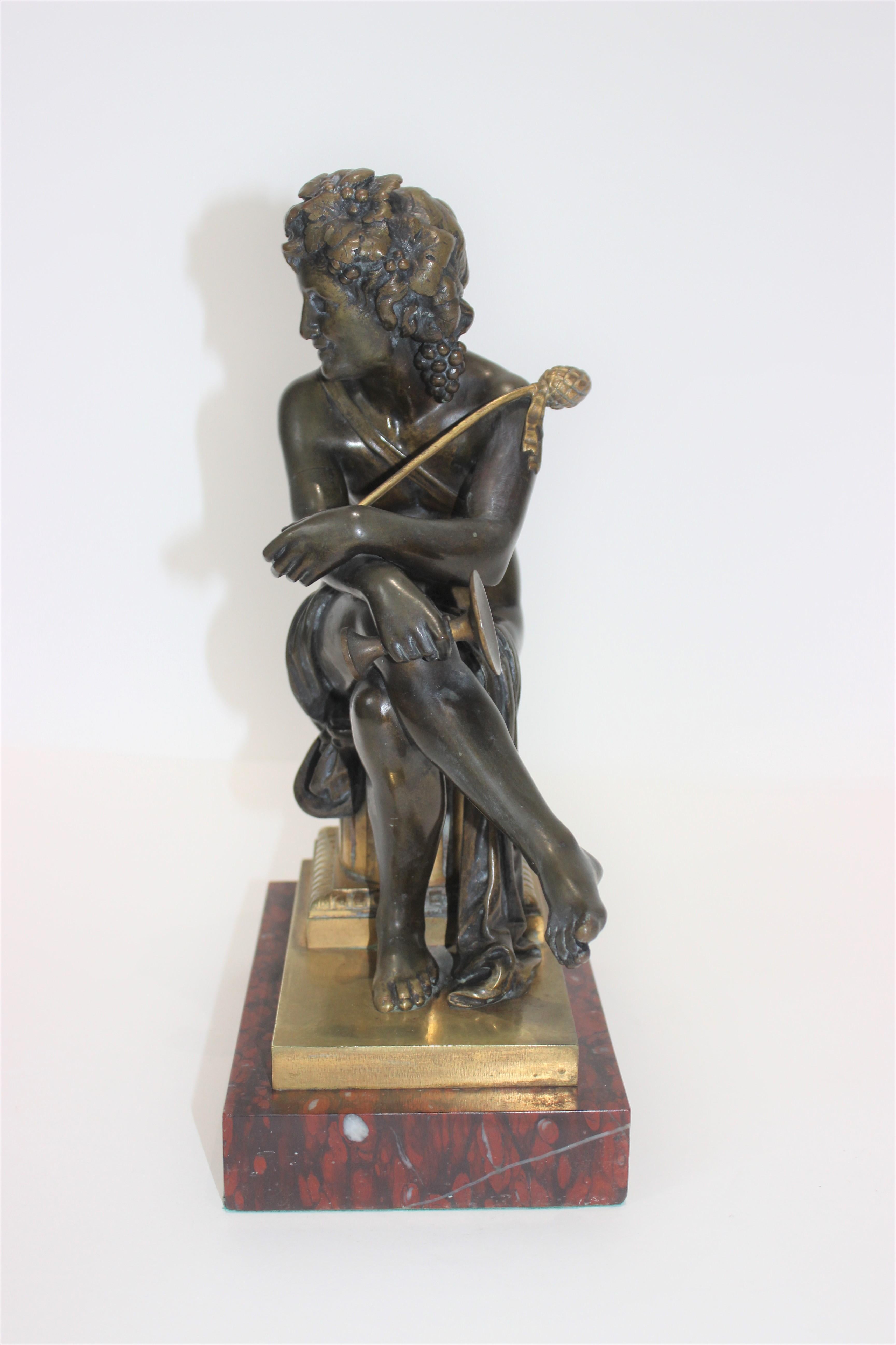 European Tour Bacchus Bronze Sculpture on Gilt and Rouge Royale Marble Base In Good Condition For Sale In West Palm Beach, FL