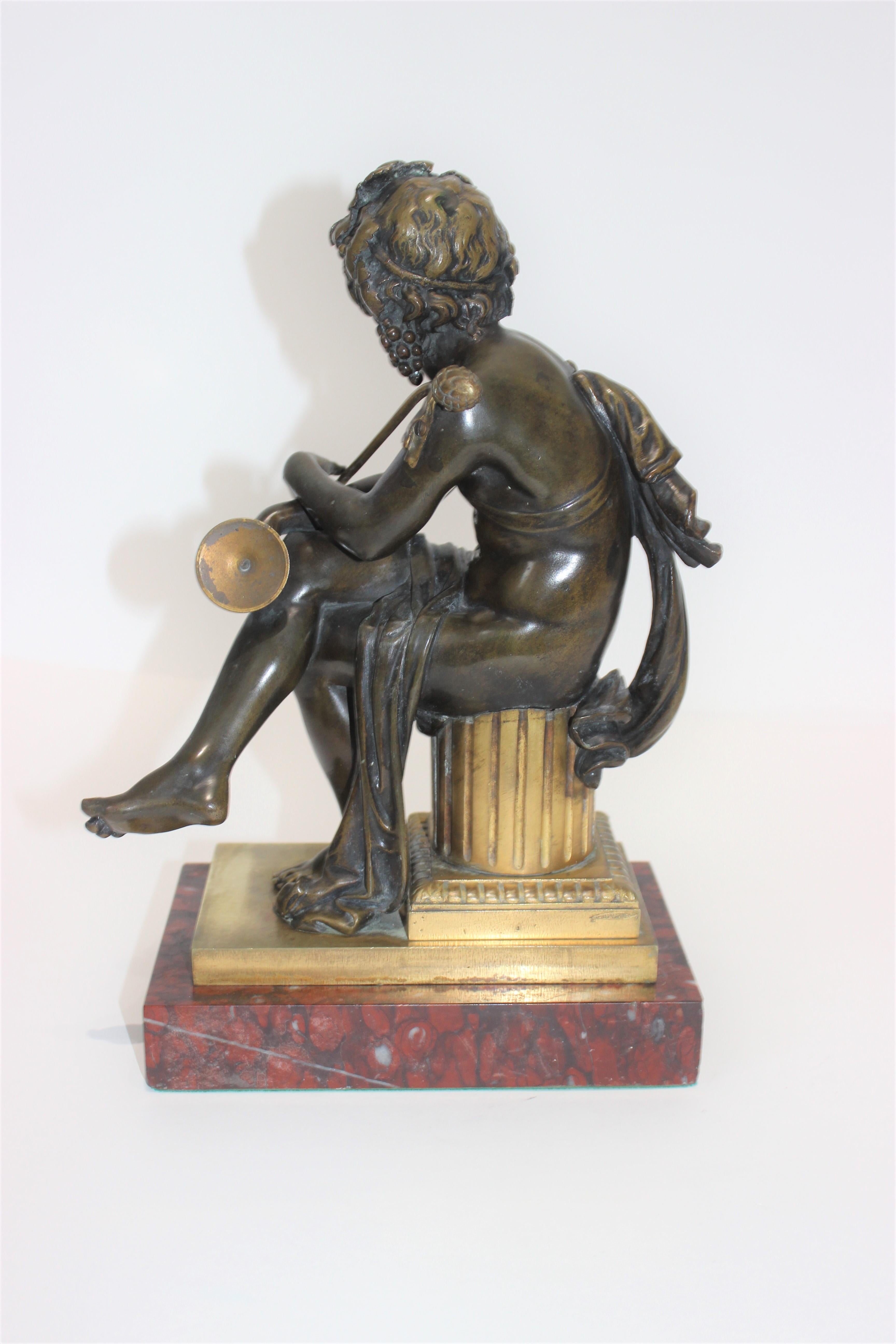 19th Century European Tour Bacchus Bronze Sculpture on Gilt and Rouge Royale Marble Base For Sale