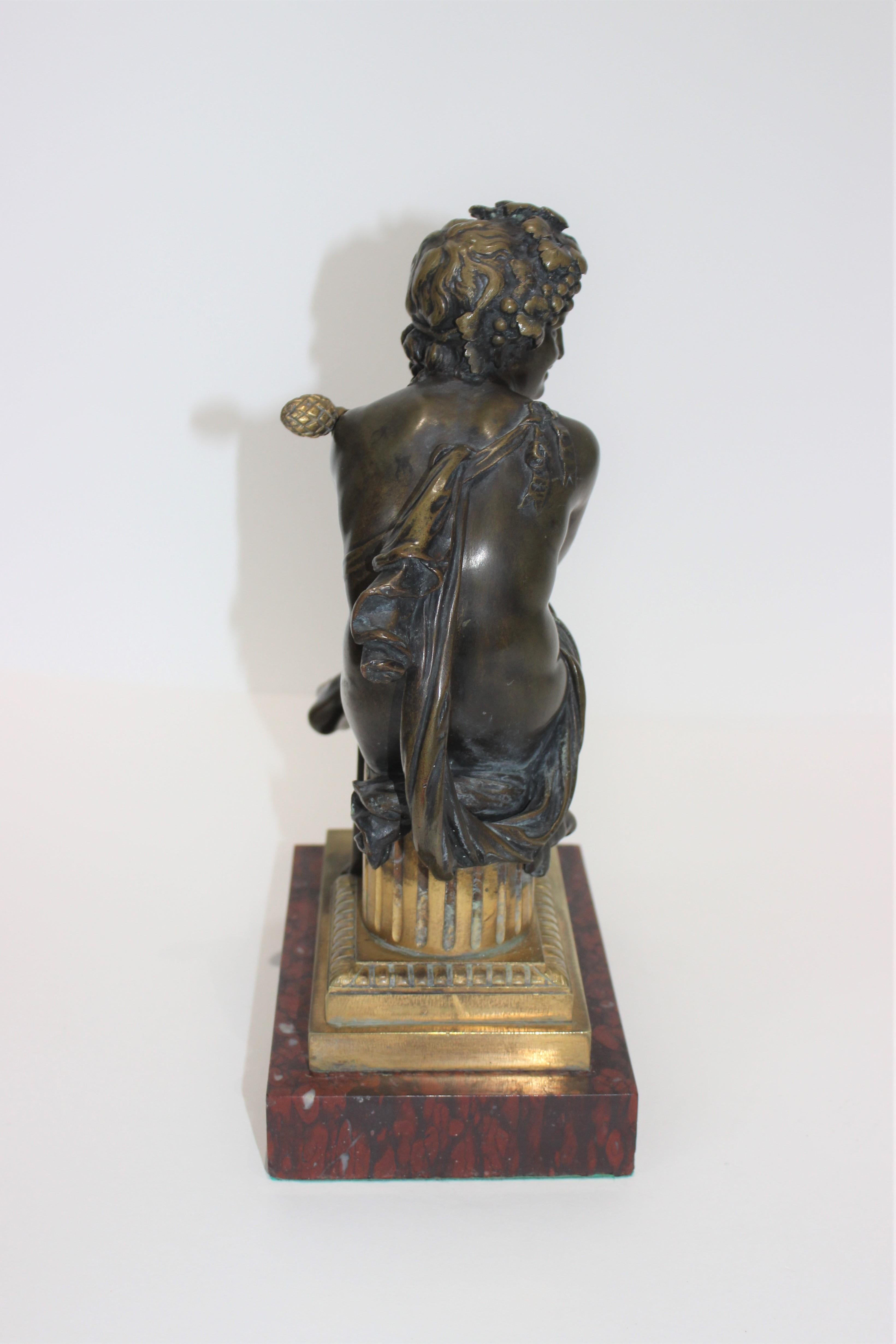 European Tour Bacchus Bronze Sculpture on Gilt and Rouge Royale Marble Base For Sale 1