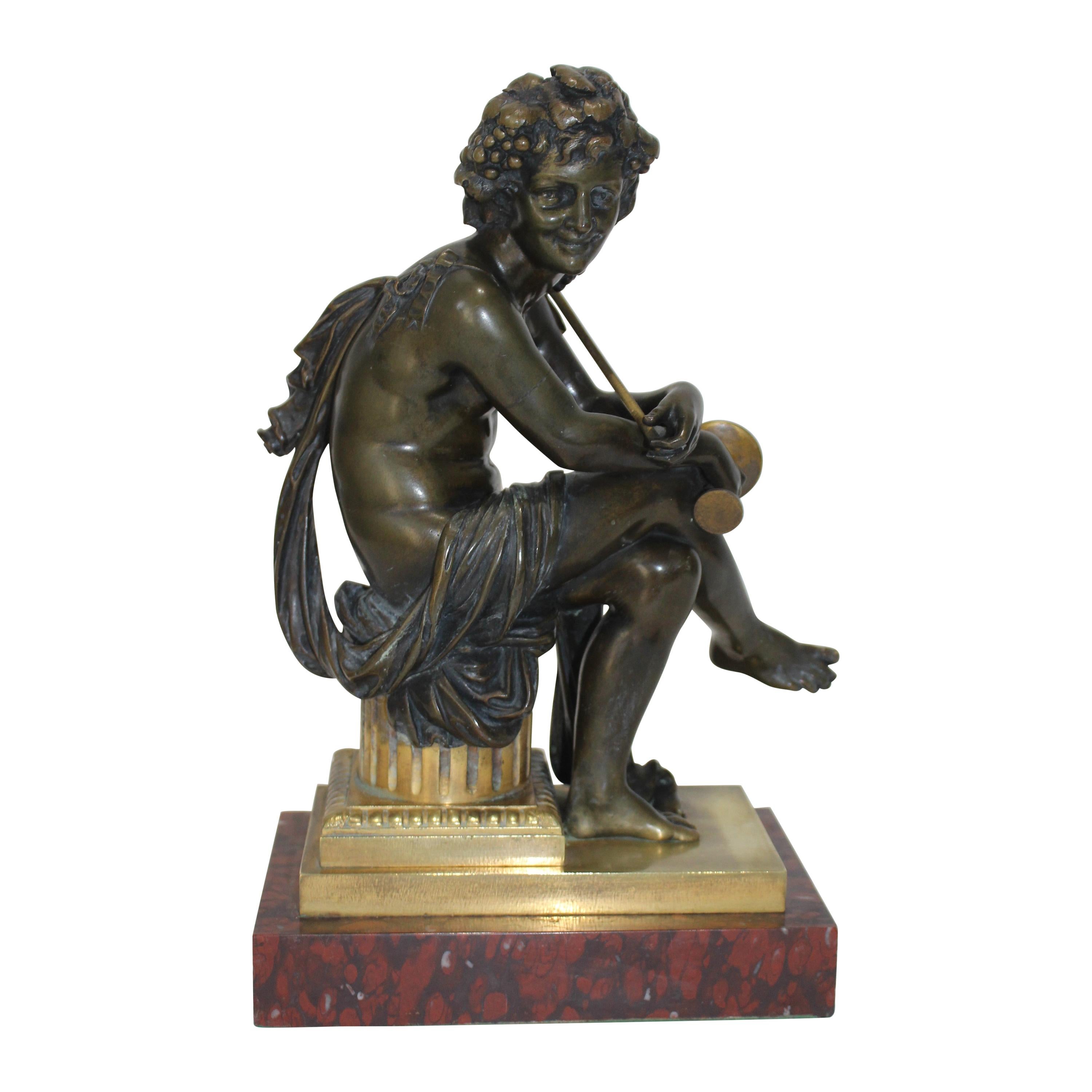 European Tour Bacchus Bronze Sculpture on Gilt and Rouge Royale Marble Base For Sale