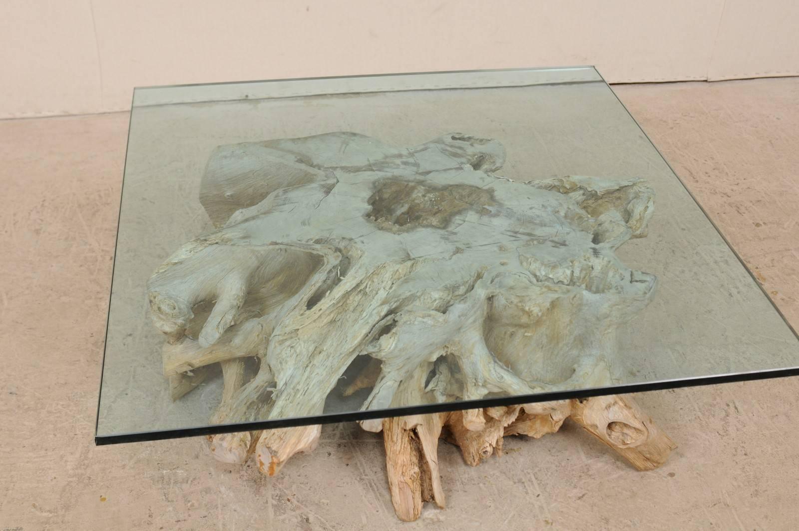 Bleached Custom Glass Top Coffee Table on 19th C. European Natural Wood Tree Stump Base  For Sale