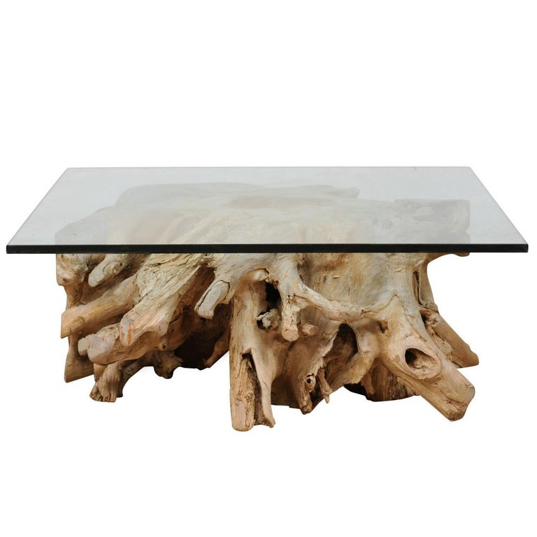 Table basse sur mesure avec plateau en verre et base en écaille d'arbre en  bois naturel européen du 19e siècle En vente sur 1stDibs