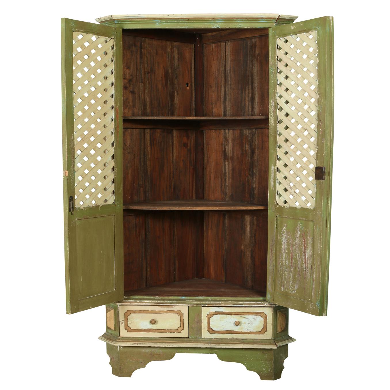 Hand-Painted European Trelliage Painted Corner Wood Cabinet