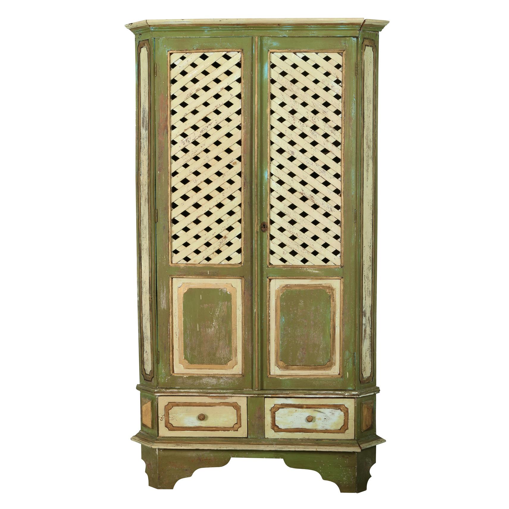 European Trelliage Painted Corner Wood Cabinet In Good Condition In Locust Valley, NY