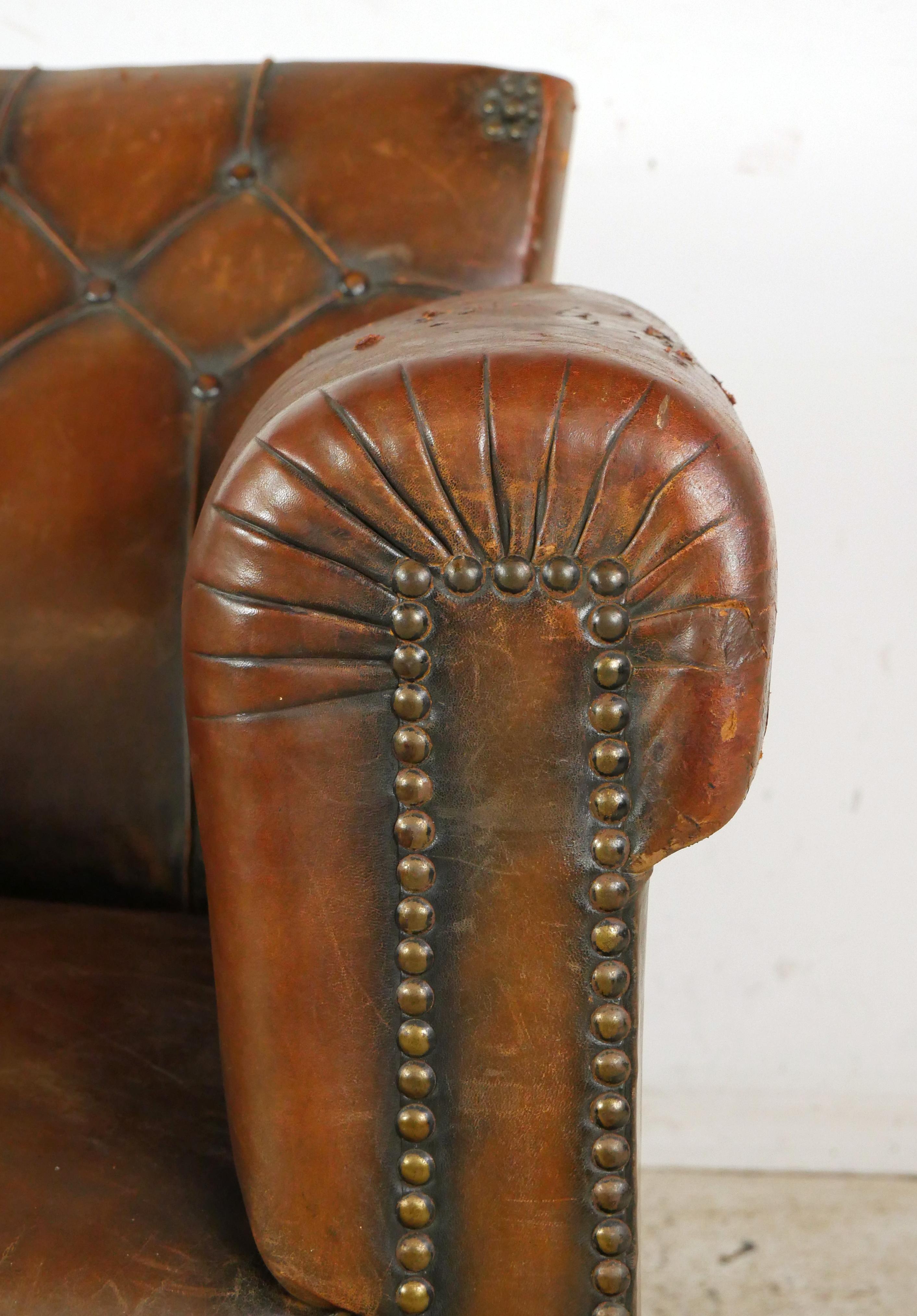 European Tufted Brown Leather Steel Studded Club Chair In Good Condition In New York, NY