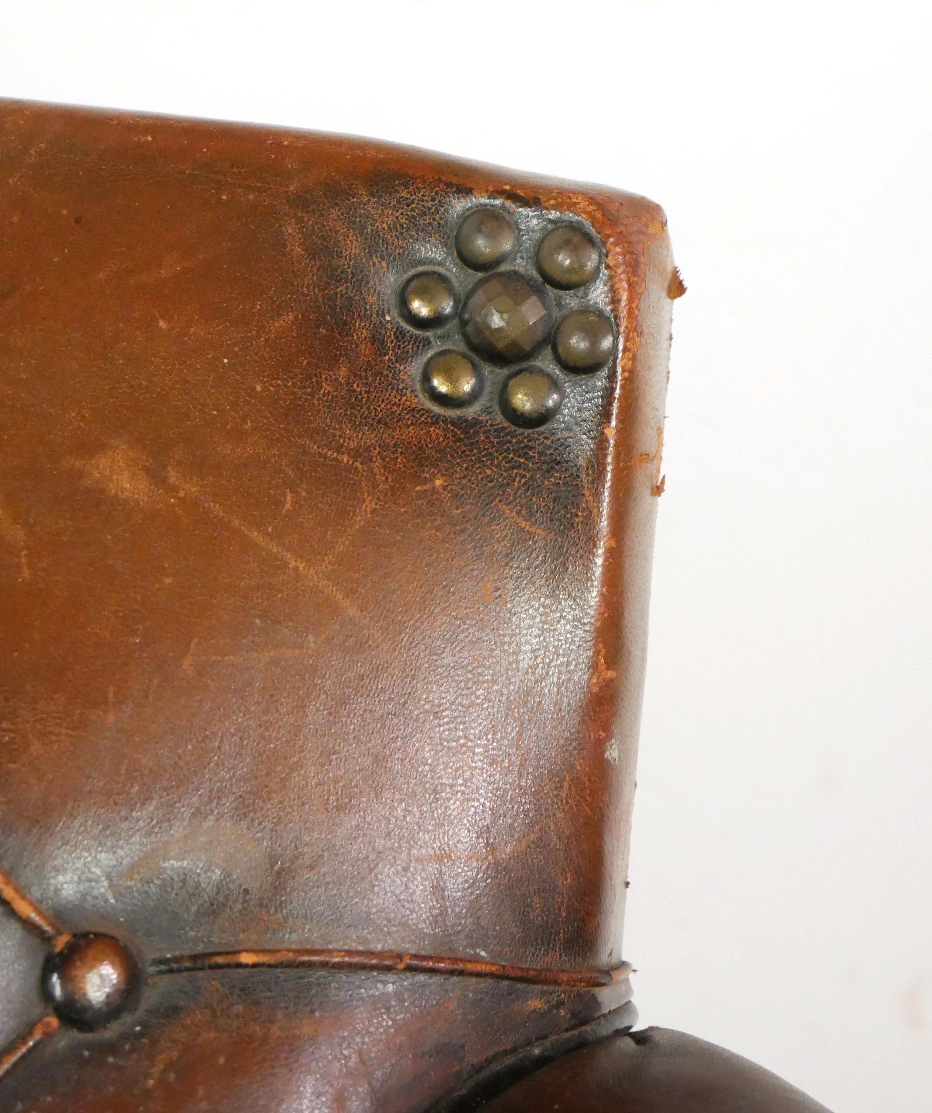 20th Century European Tufted Brown Leather Steel Studded Club Chair