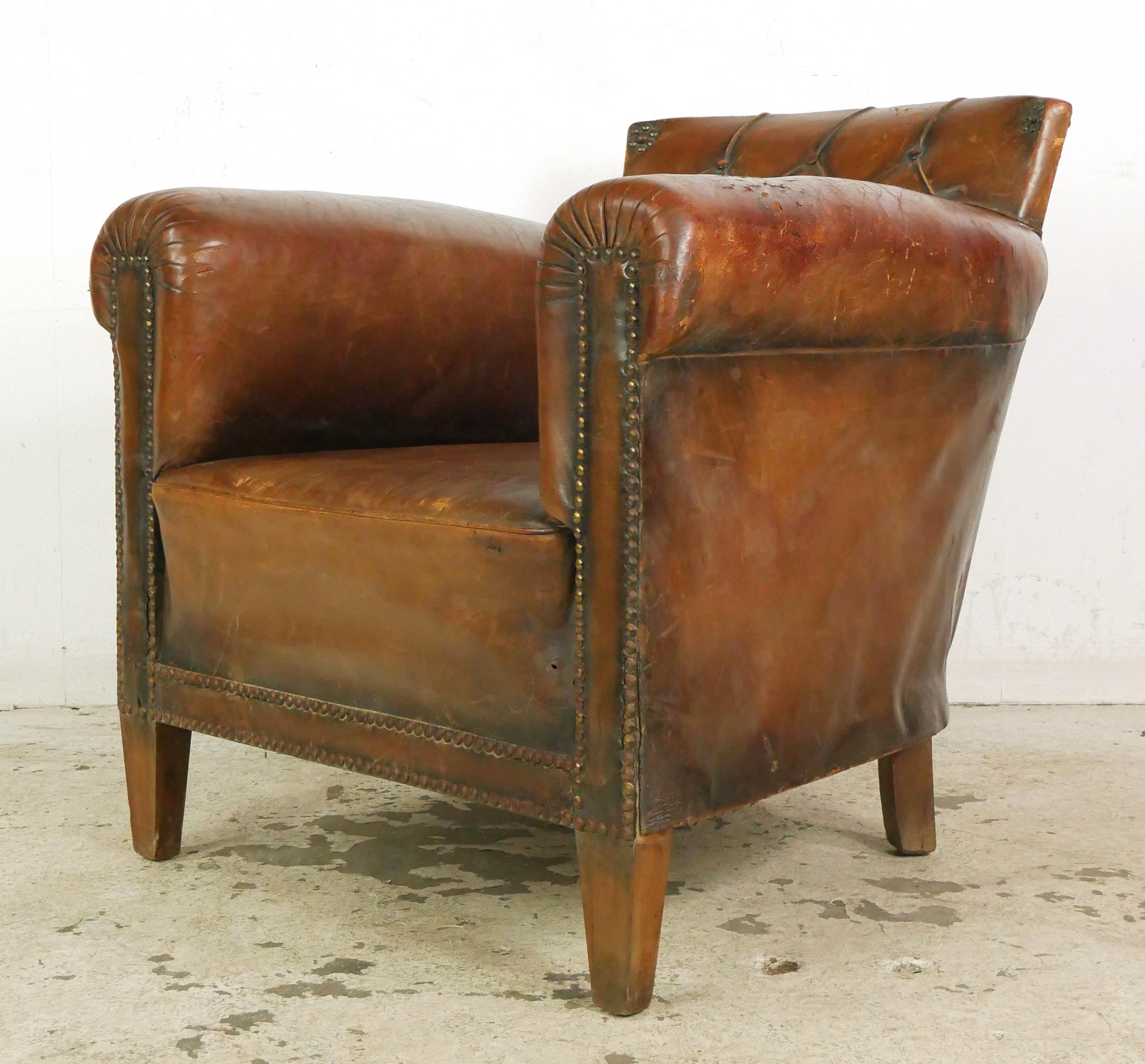 European Tufted Brown Leather Steel Studded Club Chair 1