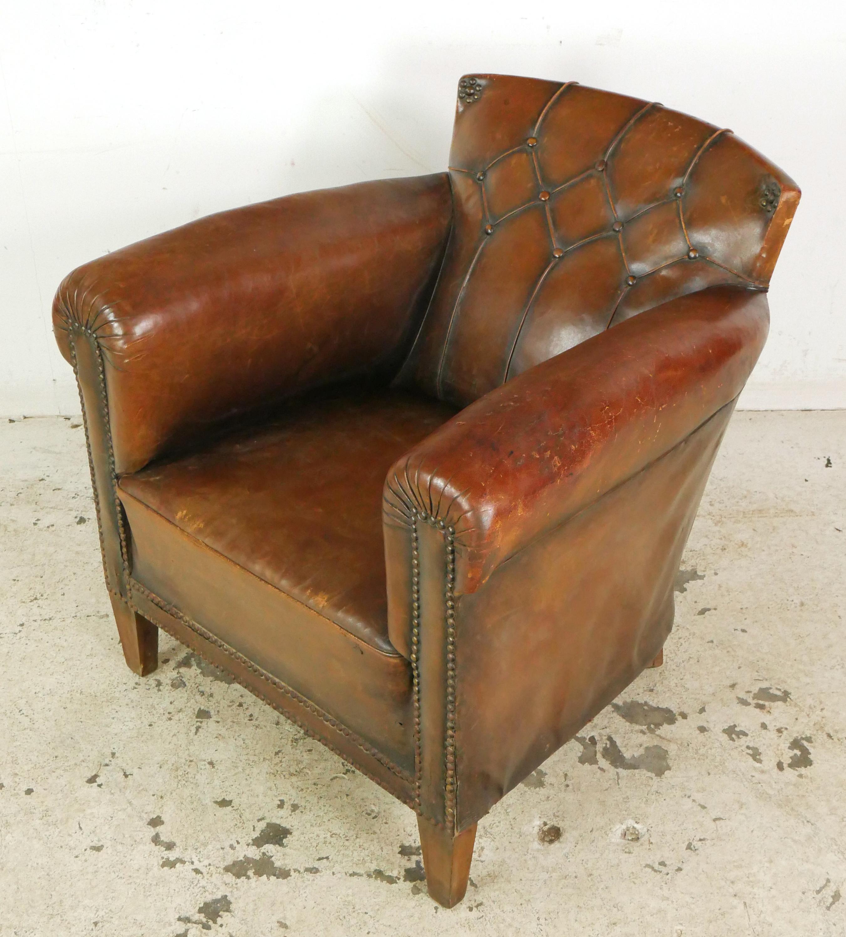 European Tufted Brown Leather Steel Studded Club Chair 2