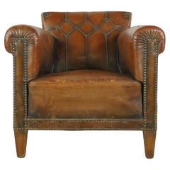 European Tufted Brown Leather Steel Studded Club Chair