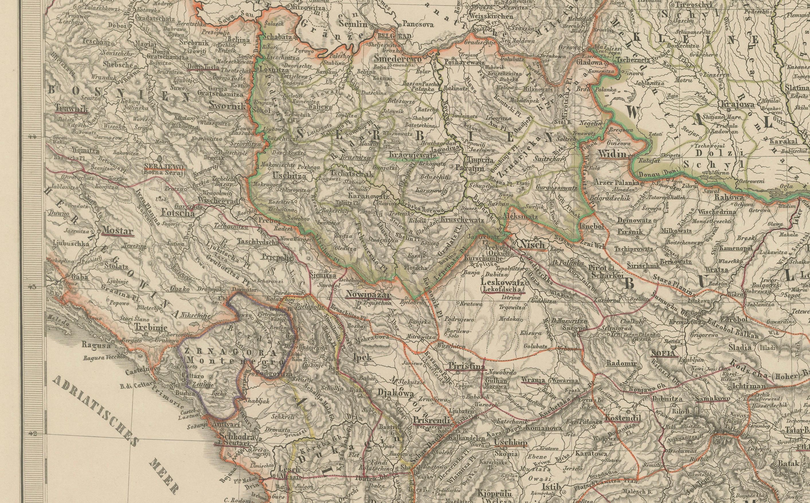 Mappa della Turchia europea - Dettagliata delle province balcaniche ottomane 1858 In condizioni buone in vendita a Langweer, NL