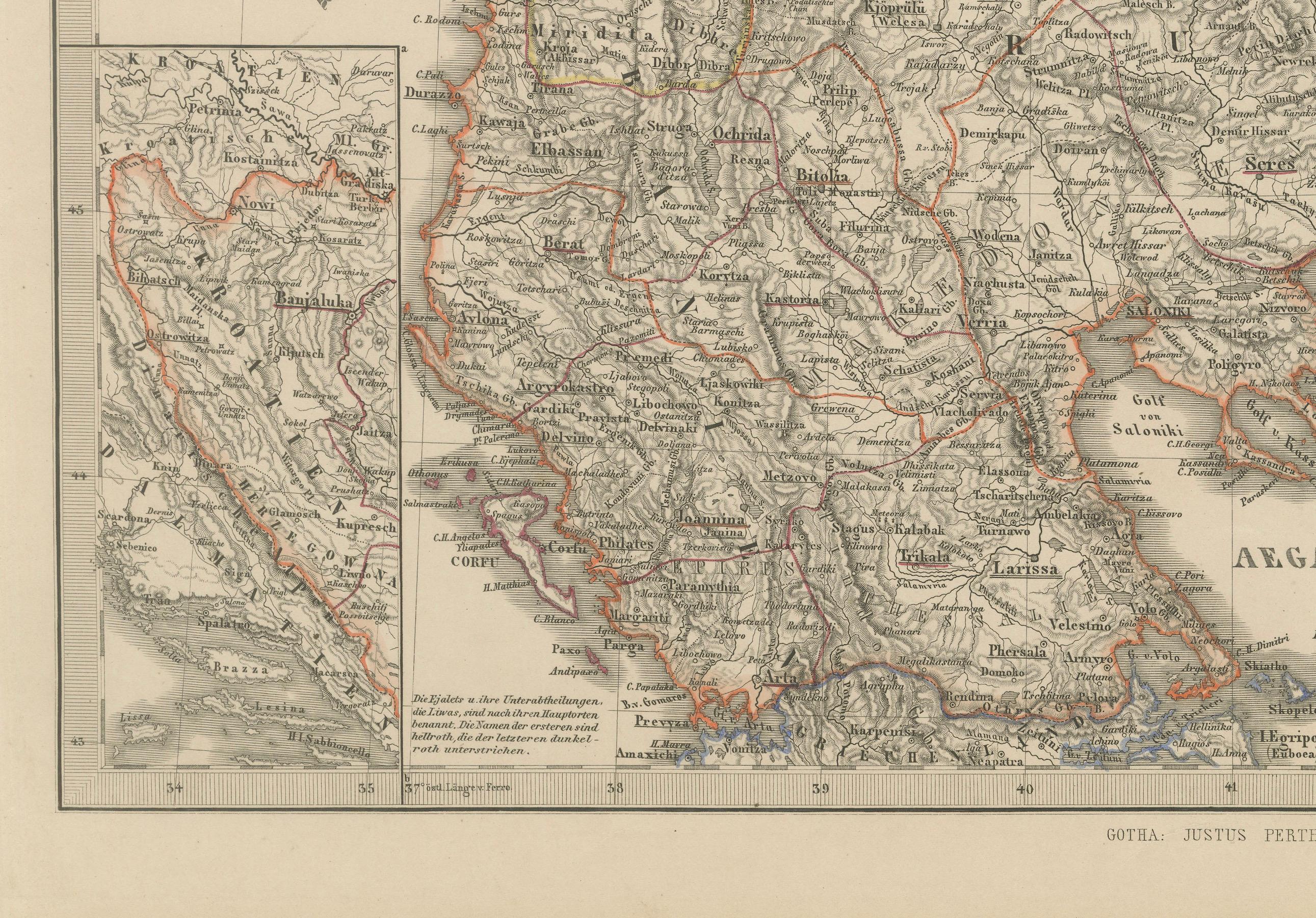 XIX secolo Mappa della Turchia europea - Dettagliata delle province balcaniche ottomane 1858 in vendita